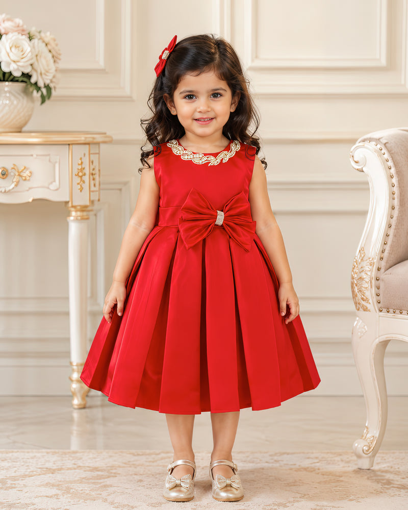 Party Wear Frock for Girls Red – Satin Stone Work Birthday Dress