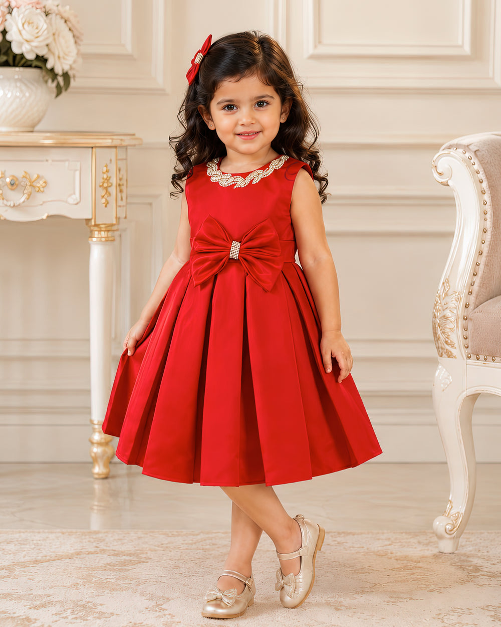 Stanwells Kids red party wear frock for girls satin stone work dress