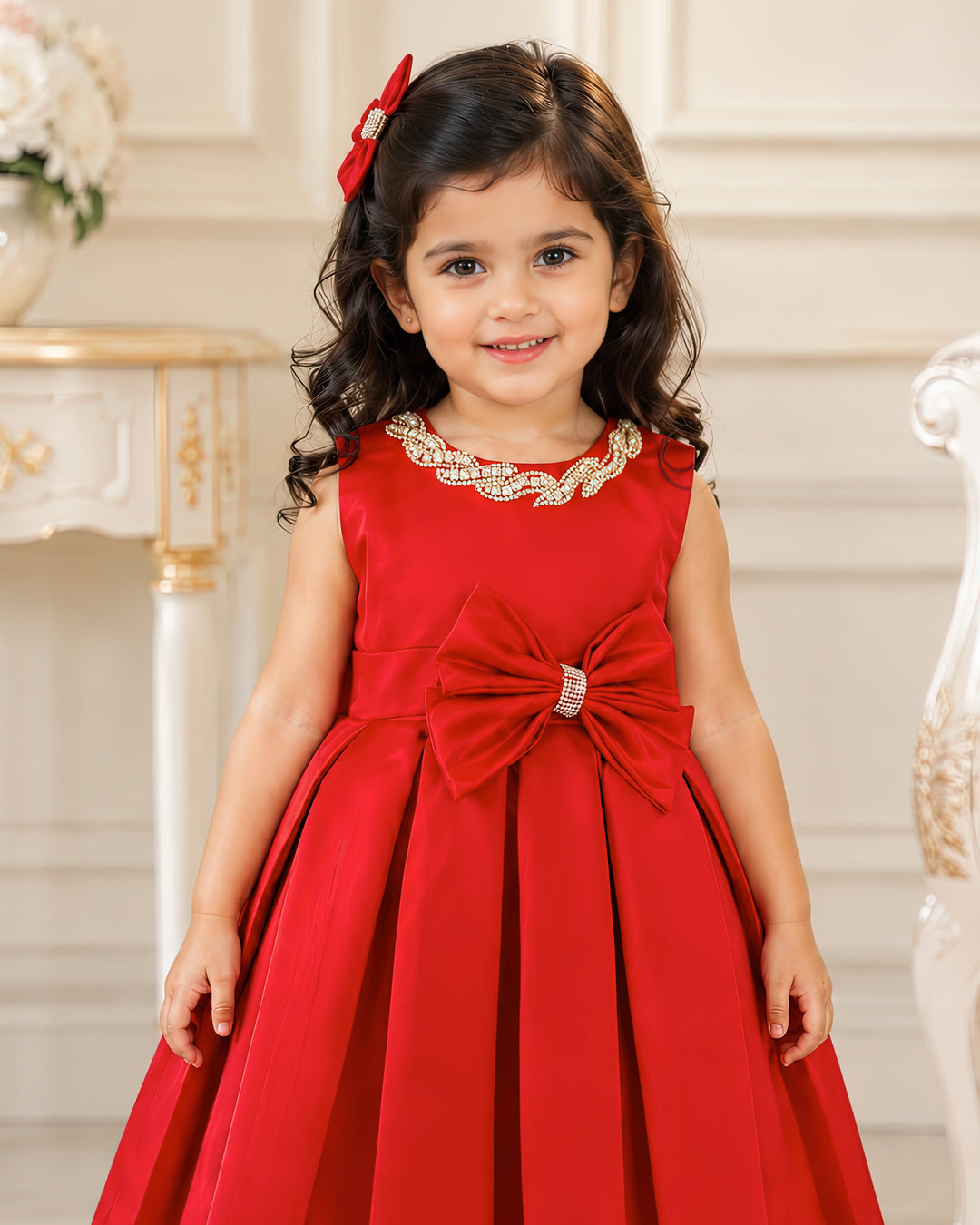 Stanwells Kids red party wear frock for girls satin stone work dress