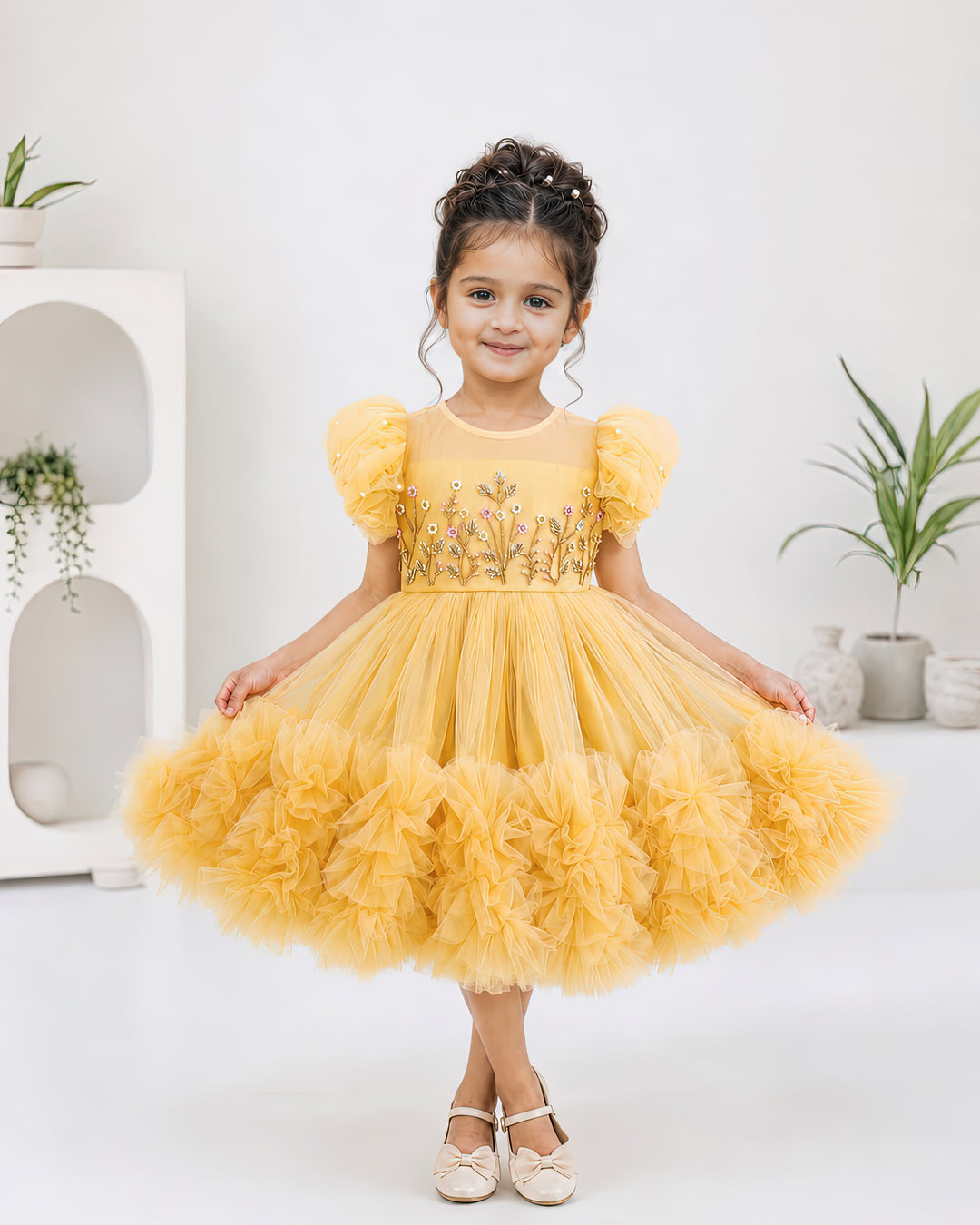 Stanwells Kids golden party wear ruffles frock for girls handwork dress