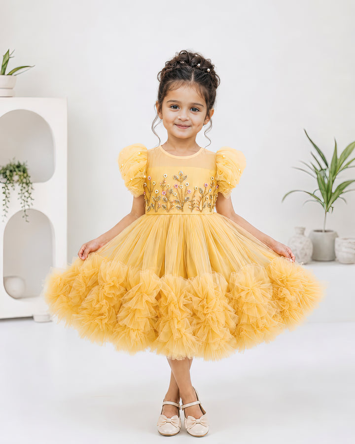 Stanwells Kids golden party wear ruffles frock for girls handwork dress
