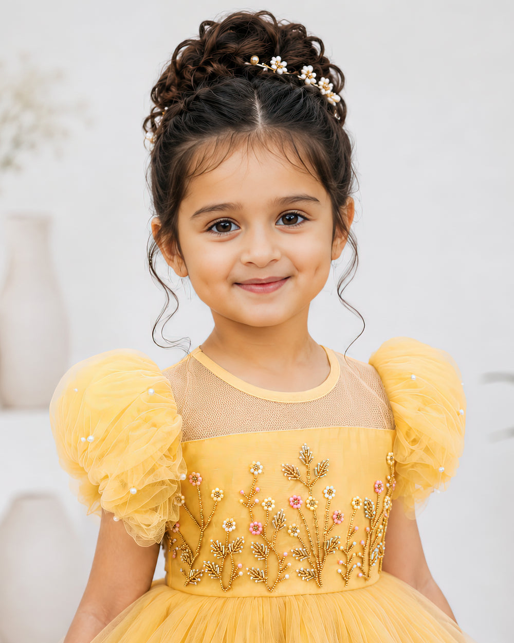 Stanwells Kids golden party wear ruffles frock for girls handwork dress