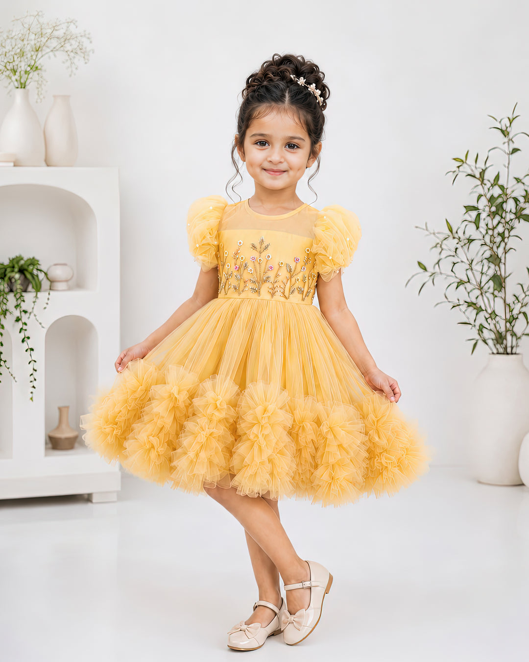 Stanwells Kids golden party wear ruffles frock for girls handwork dress
