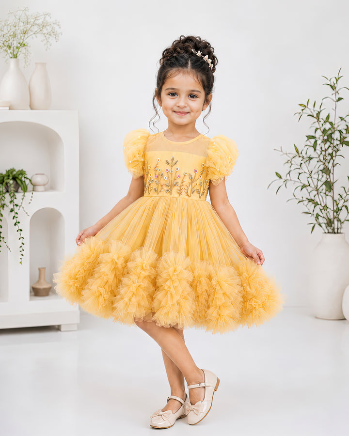 Stanwells Kids golden party wear ruffles frock for girls handwork dress