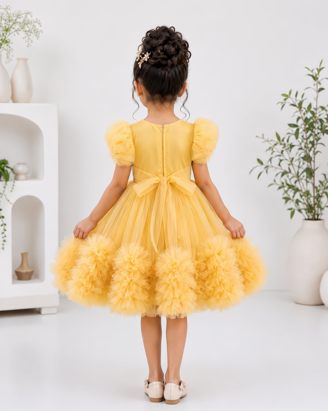Stanwells Kids golden party wear ruffles frock for girls handwork dress