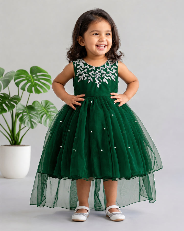 Party wear tail frock for girls in bottle green – front view, Stanwells Kids