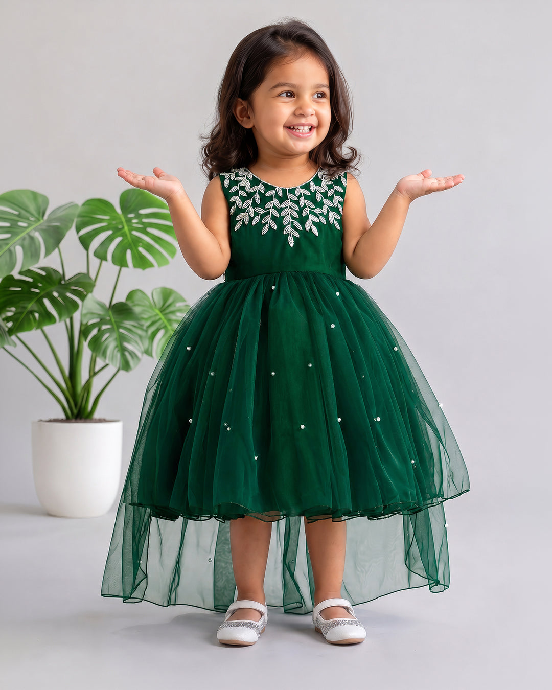 Party wear tail frock for girls in bottle green – front view, Stanwells Kids