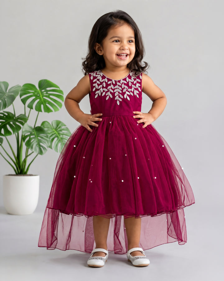 Party wear tail frock for girls in grapevine – front view, Stanwells Kids