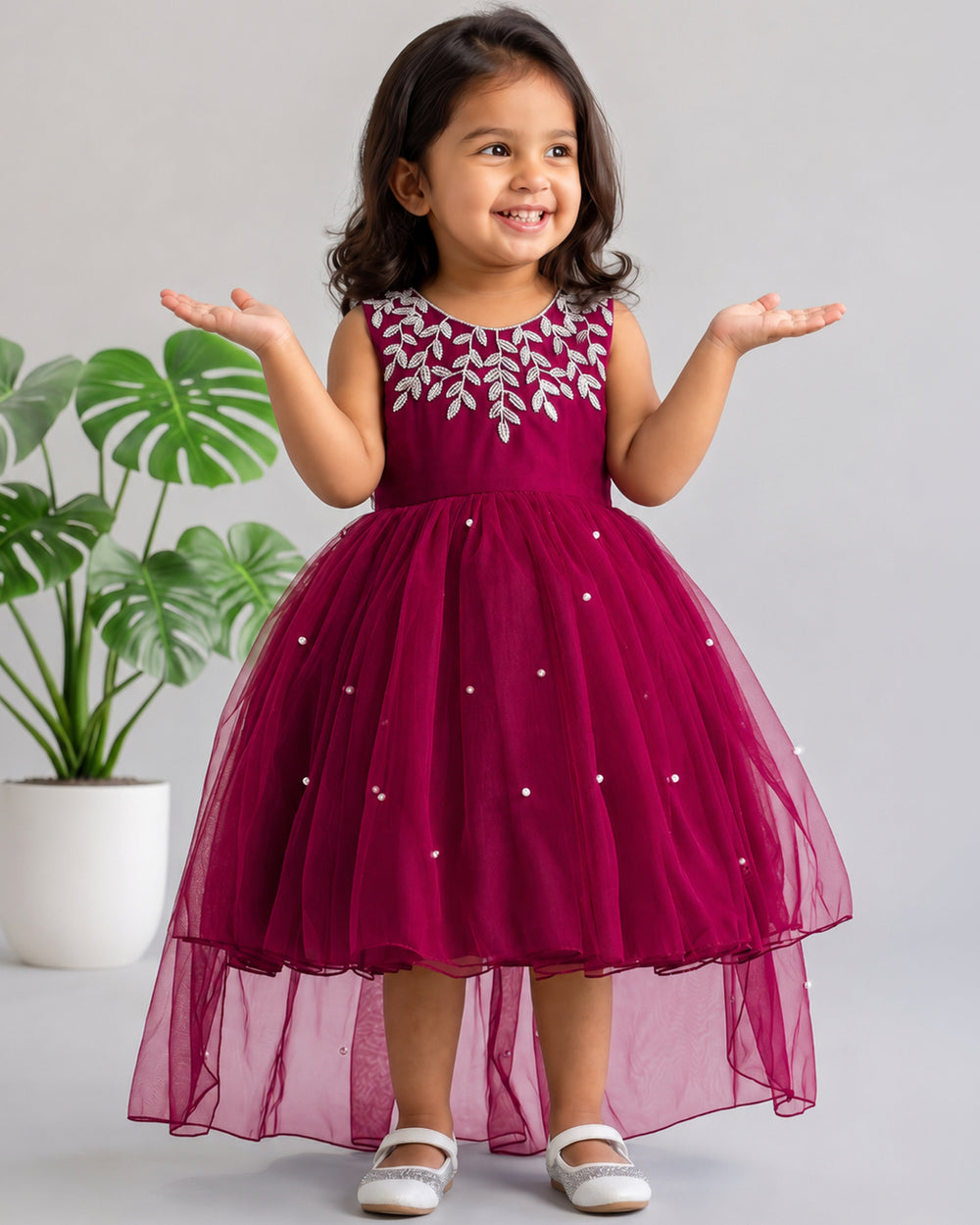 Grapevine tail frock for baby girl with handworked silver bead yoke – Stanwells Kids