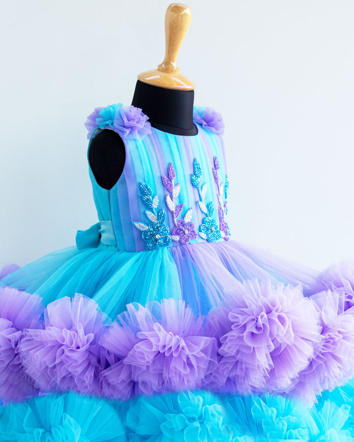 Sky Blue & Lavender Combo Handwork Party Perfect Ruffles Birthday Frock