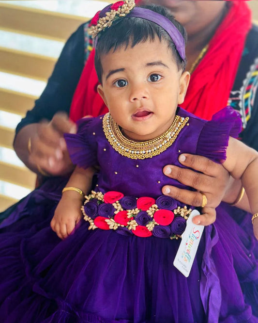 Baby girl purple birthday party frock with floral handwork