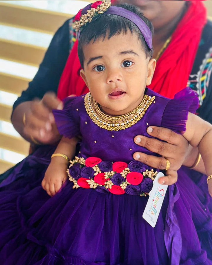 Purple shade Handwork Flower Frock