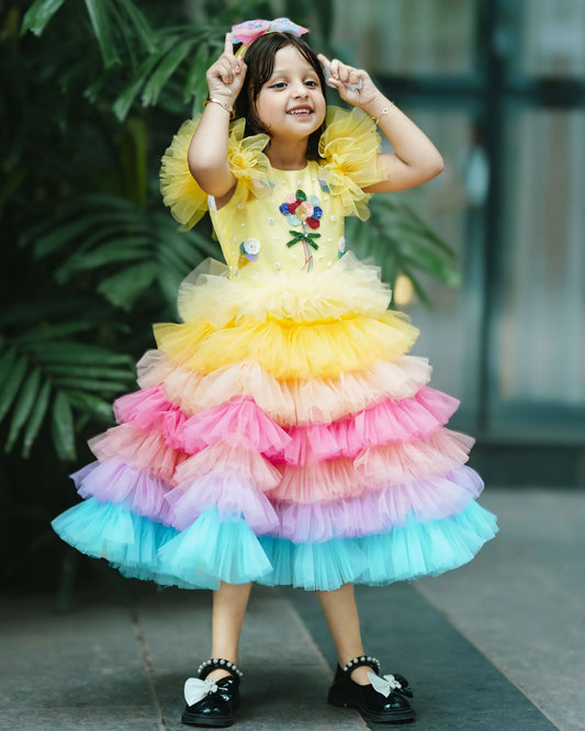 Baby Yellow Balloon Theme Handwork Applique Birthday Frock for Baby Girl – Stanwells Kids