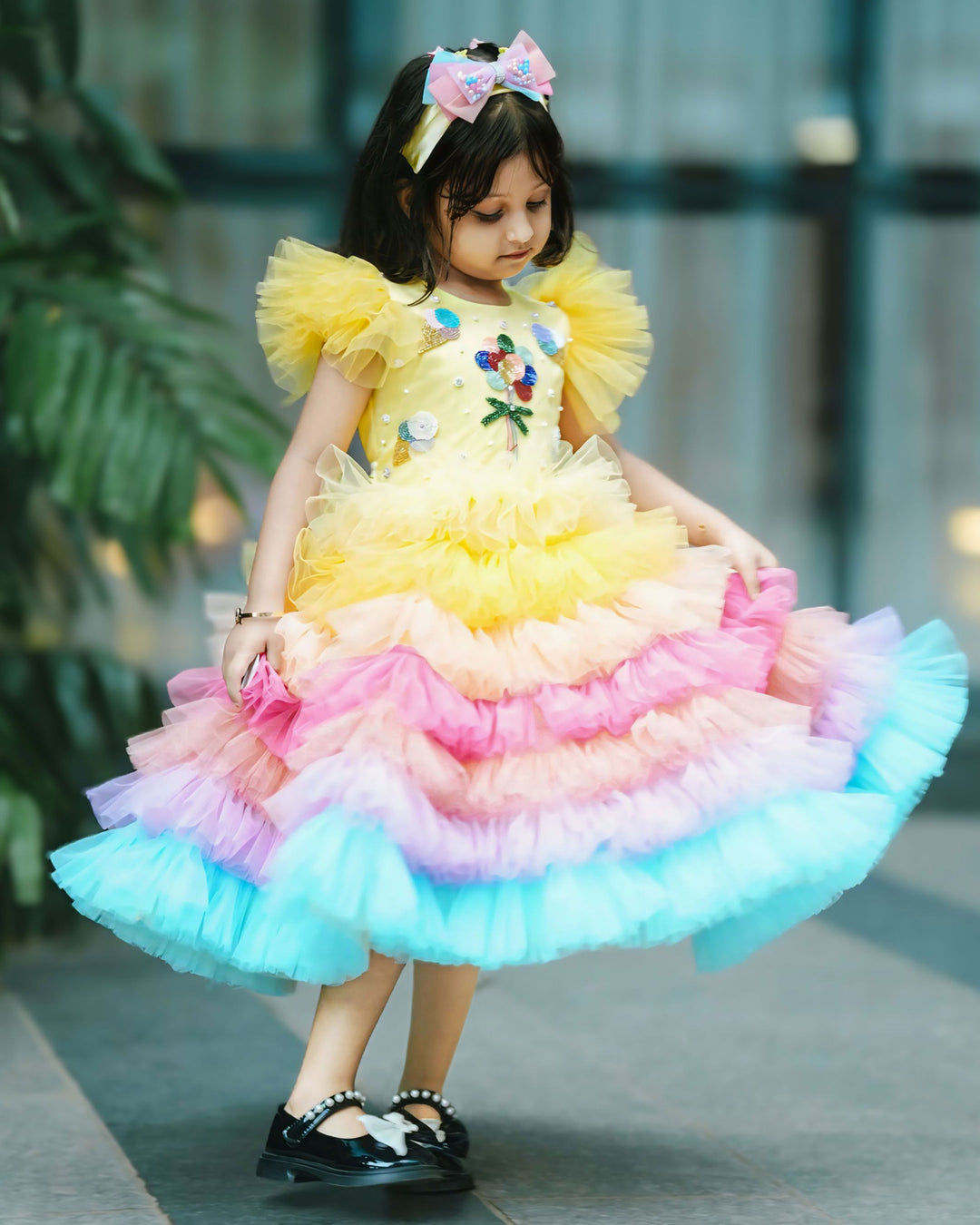 Baby Yellow Shade Balloon Theme Handwork Applique Birthday Frock