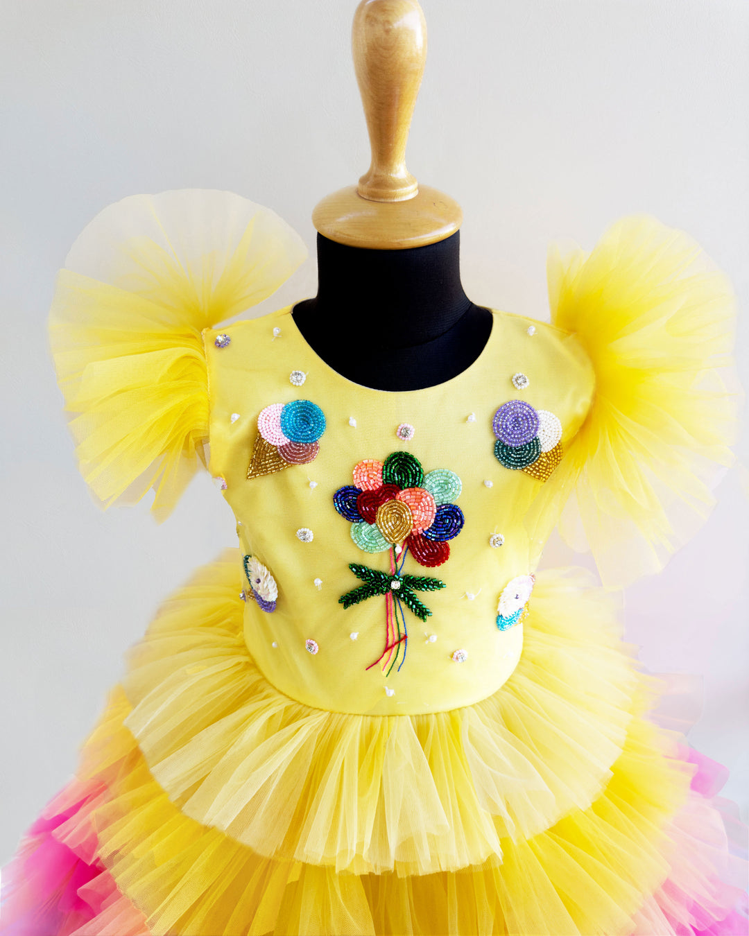 Baby Yellow Shade Balloon Theme Handwork Applique Birthday Frock