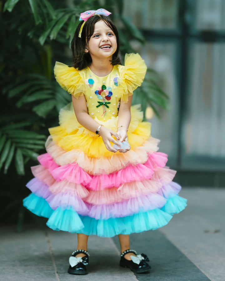 Baby Yellow Shade Balloon Theme Handwork Applique Birthday Frock