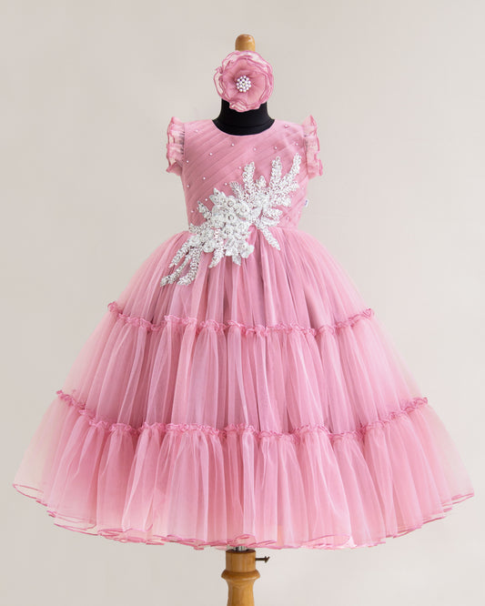 Dust pink applique handwork flower birthday gown for baby girl – Stanwells Kids