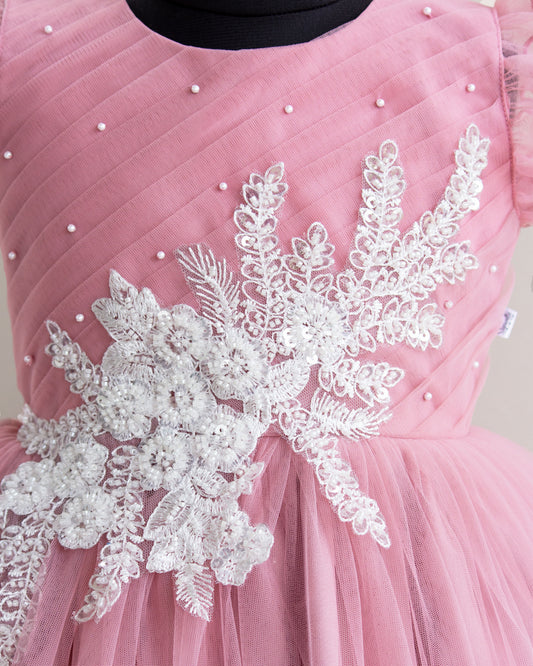Dust pink applique flower gown side view – Stanwells Kids
