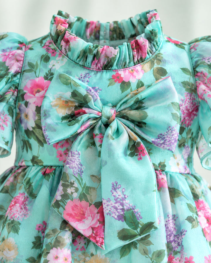 Flared Silky Chiffon Frock in Pastel Blue – Side View – Stanwells Kids