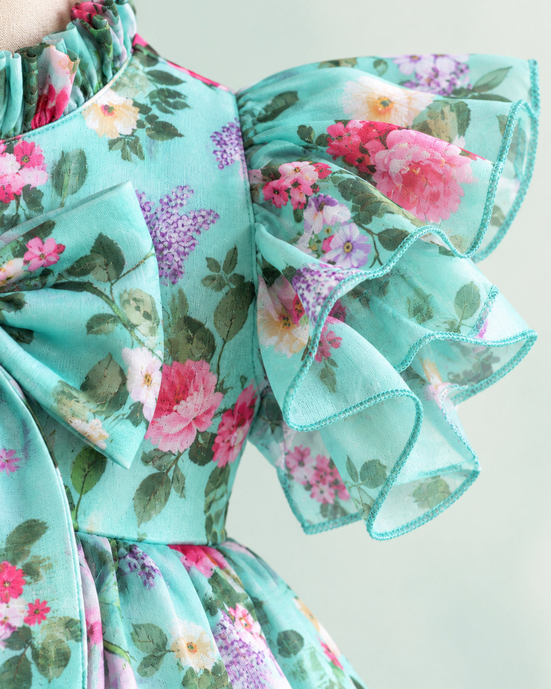 Pastel Blue Floral Chiffon Frock – Skirt Flare Detail – Stanwells Kids