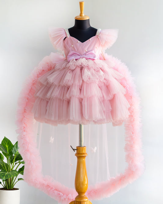 Blush Pink Tulle Princess Dress with Pearl Embroidery Yoke – Stanwells Kids