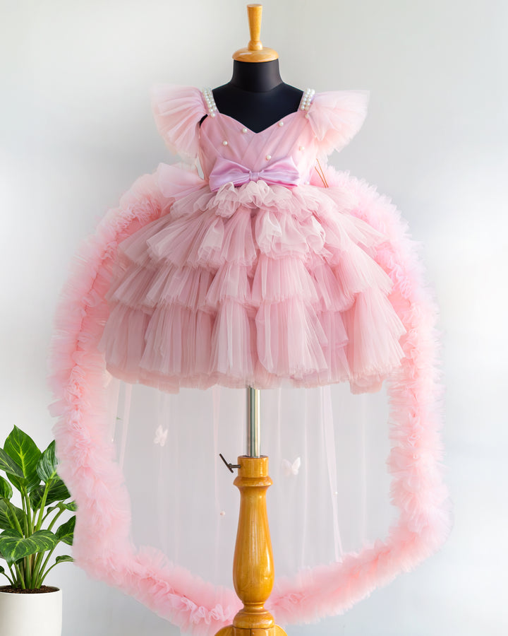 Blush Pink Tulle Princess Dress with Pearl Embroidery Yoke – Stanwells Kids