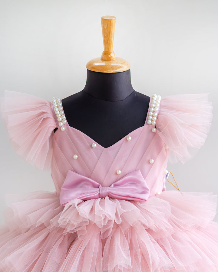 Pastel Blush Nylon Net Layered Princess Dress – Side View – Stanwells Kids