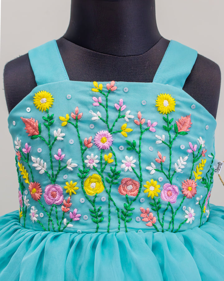 Pastel green floral embroidery frock, baby girls birthday dress, premium organza dress, toddler party wear frock, kids fashion India, Stanwells Kids