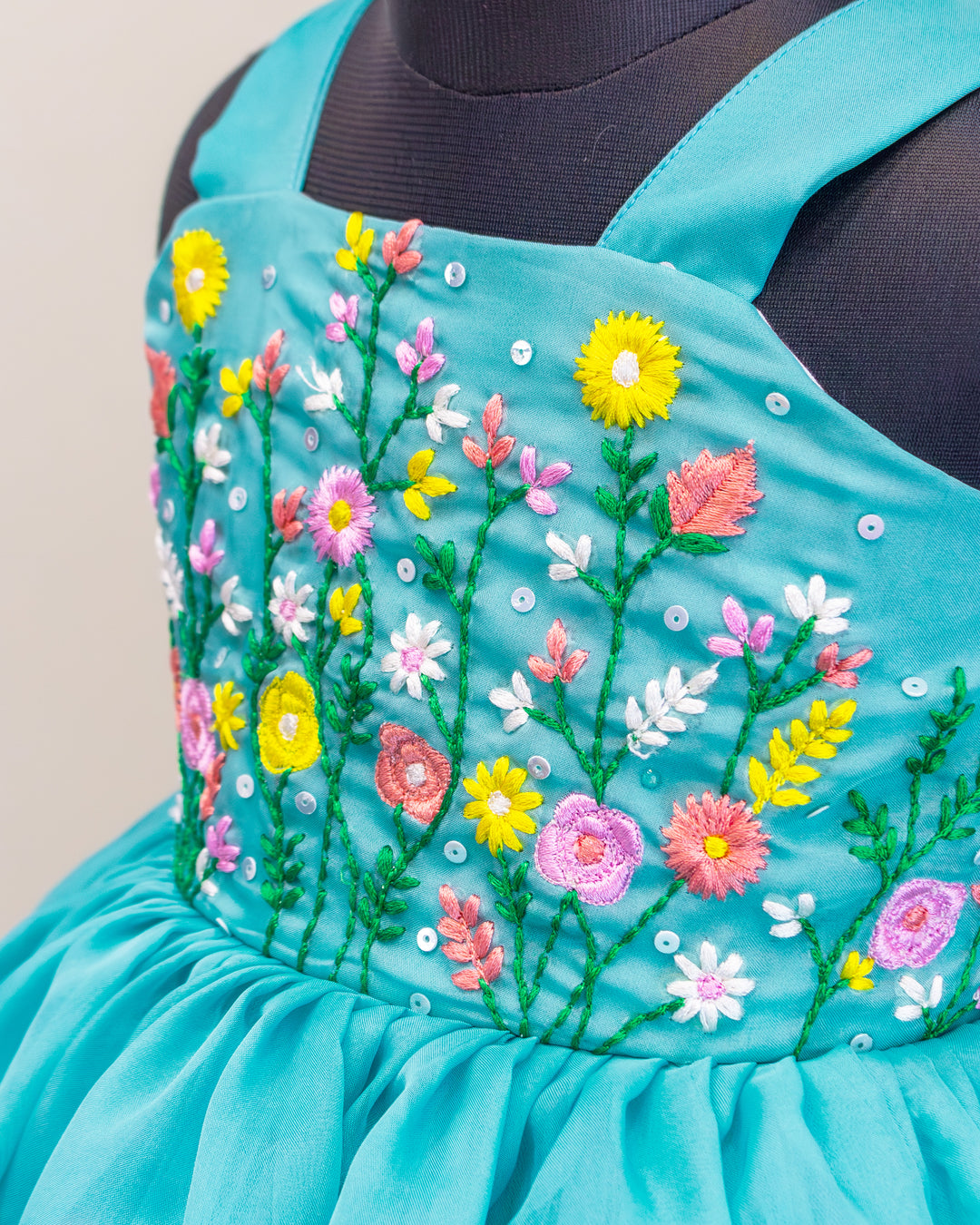 Pastel green floral embroidery frock, baby girls birthday dress, premium organza dress, toddler party wear frock, kids fashion India, Stanwells Kids