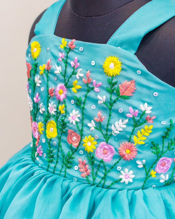 Pastel green floral embroidery frock, baby girls birthday dress, premium organza dress, toddler party wear frock, kids fashion India, Stanwells Kids