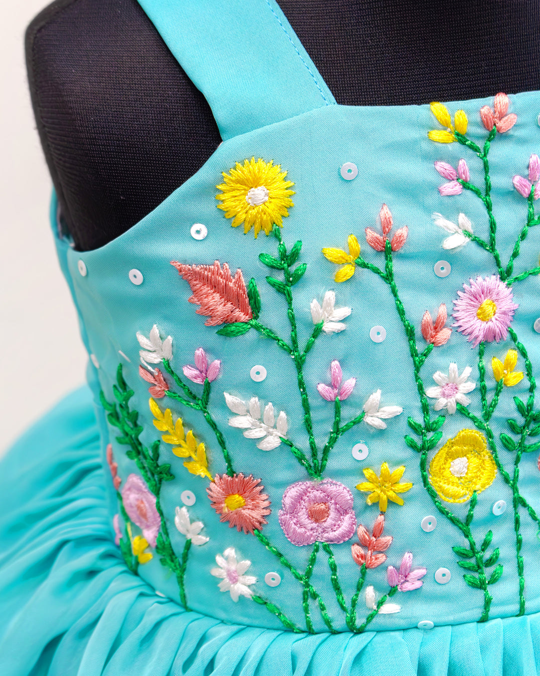 Pastel green floral embroidery frock, baby girls birthday dress, premium organza dress, toddler party wear frock, kids fashion India, Stanwells Kids