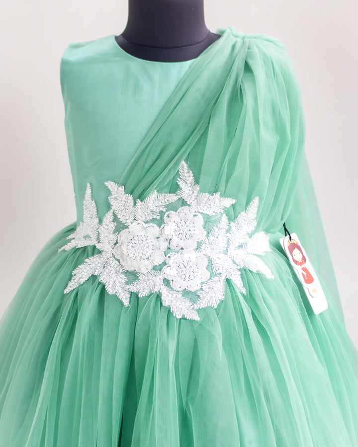Heavy lace yoke detail on pastel green saree style party gown – Stanwells Kids