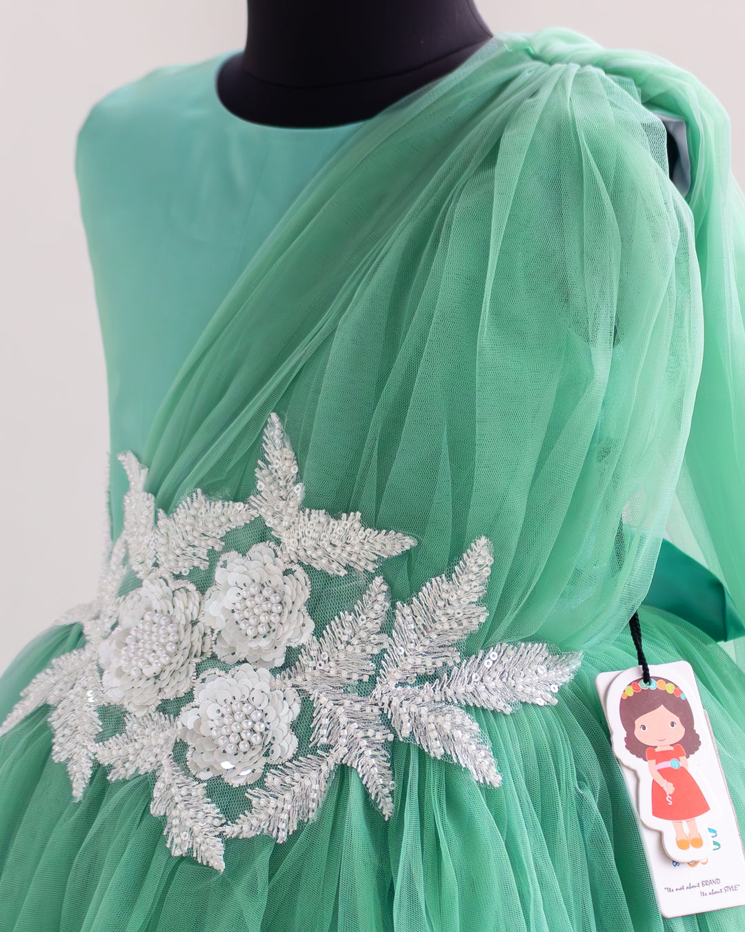 Semi-saree pleated drape on pastel green birthday gown for girls – Stanwells Kids