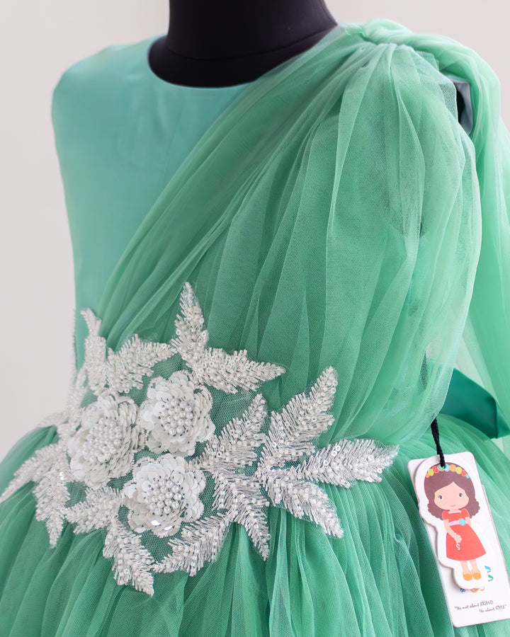 Semi-saree pleated drape on pastel green birthday gown for girls – Stanwells Kids