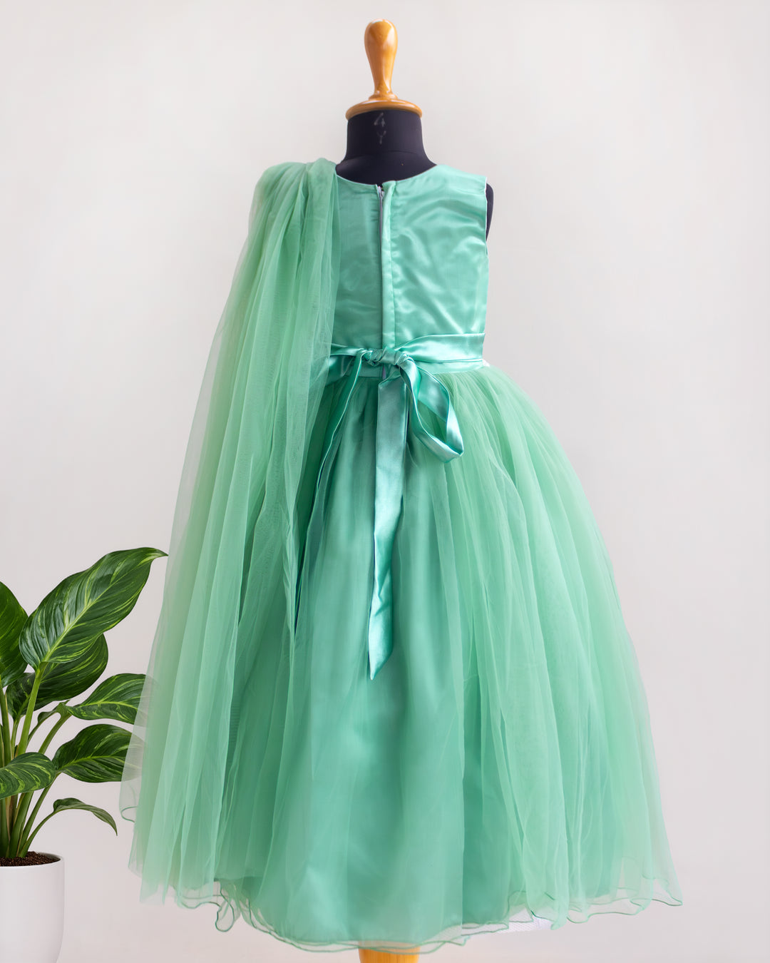 Pastel green saree style ruffled birthday gown full look – Stanwells Kids