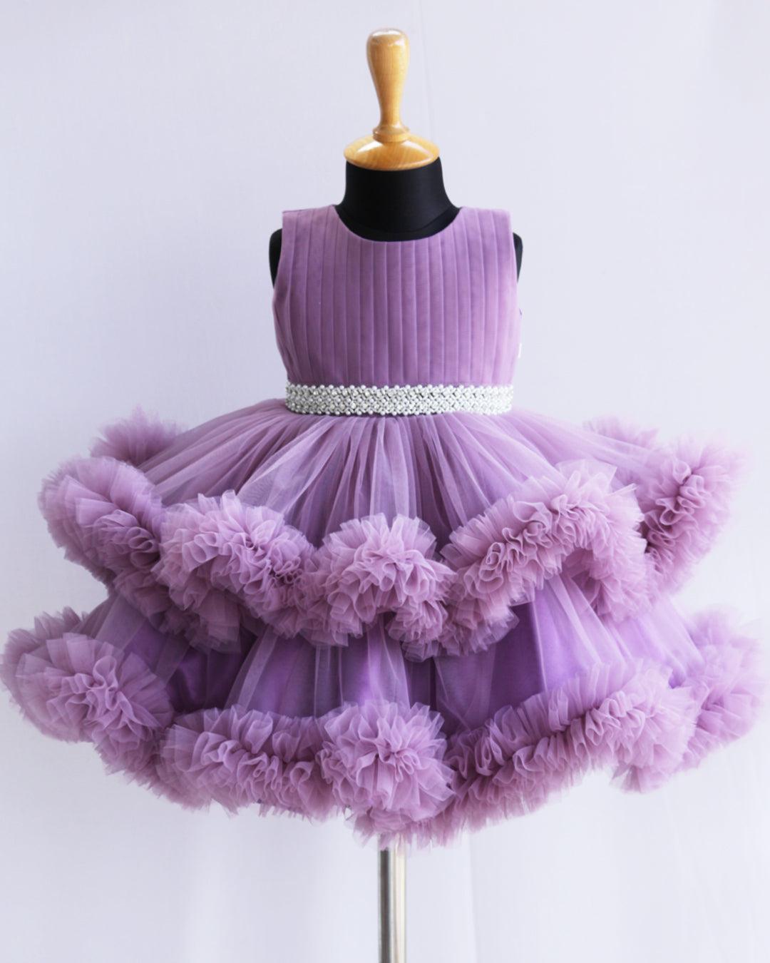 Pastel Lavender Shade Layered Ruffles Partywear Handwork Frock