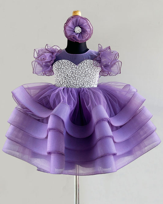Pastel Lavender Heavy Handwork Step Frock for Baby Girls - Premium Partywear