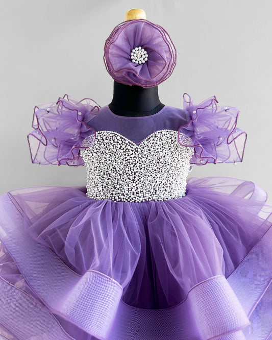 Pastel Lavender Heavy Handwork Step Frock for Baby Girls - Premium Partywear