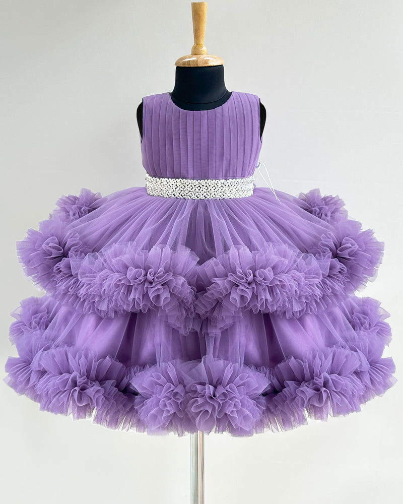 Pastel Lavender Shade Layered Ruffles Partywear Handwork Frock.