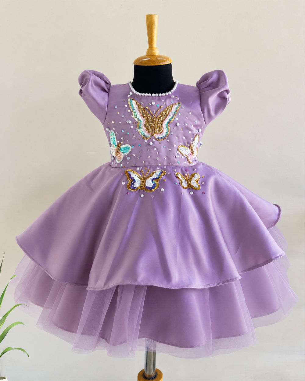 Pastel lavender silky satin heavy butterfly frock for baby girl – front view, Stanwells Kids