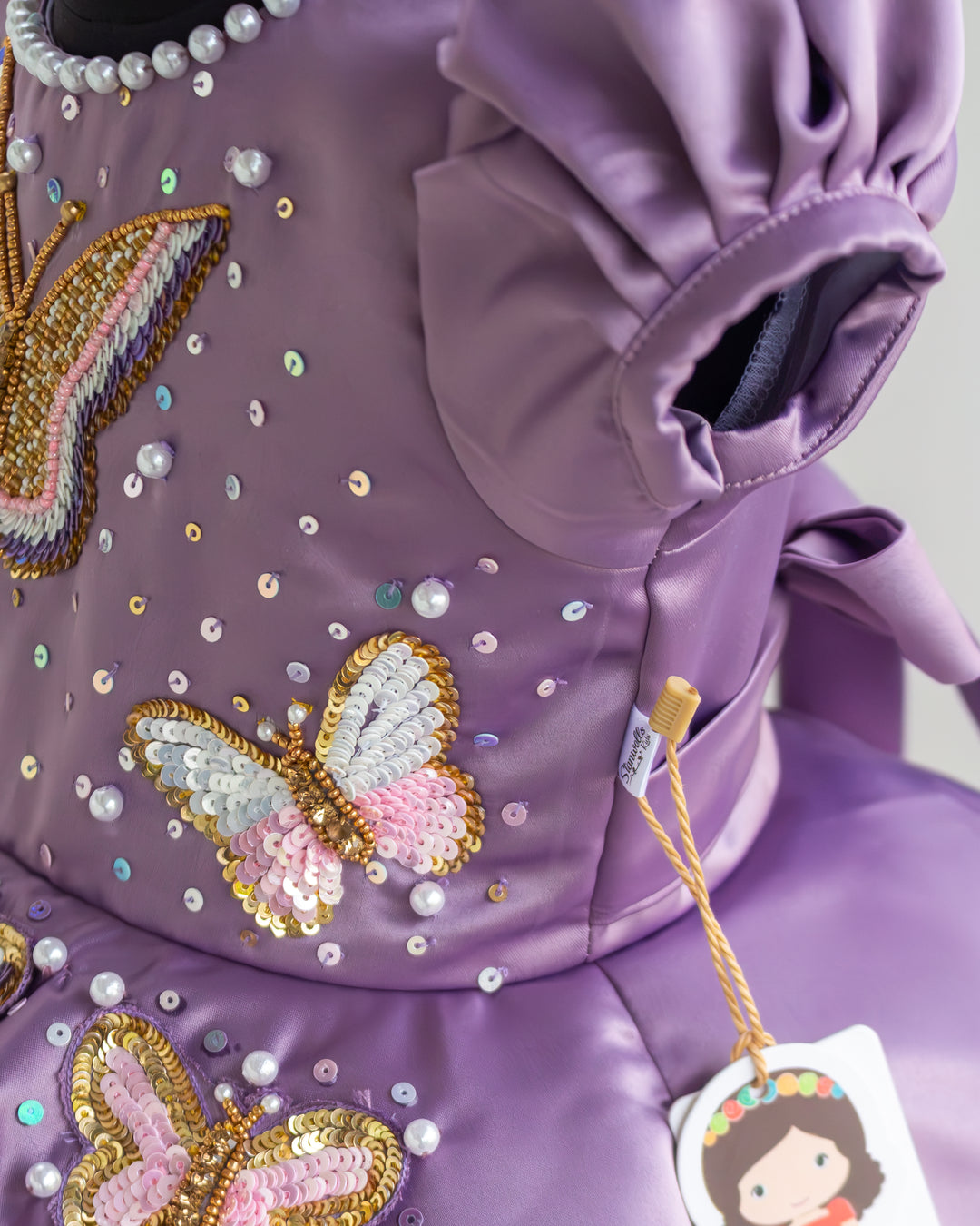 Premium silky satin butterfly theme birthday frock side view – Stanwells Kids