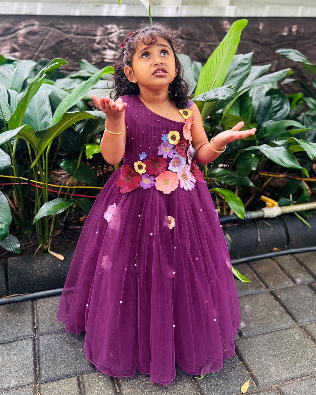 Pastel wine baby girls birthday dress with heavy flower appliqué – long gown

