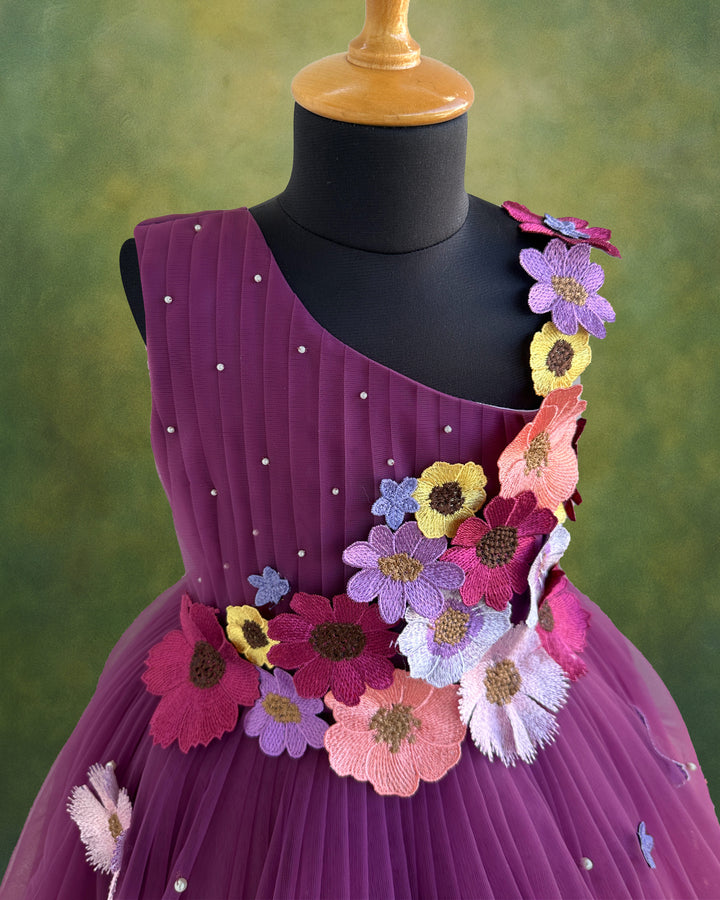 Pastel wine baby girls birthday dress with heavy flower appliqué – long gown

