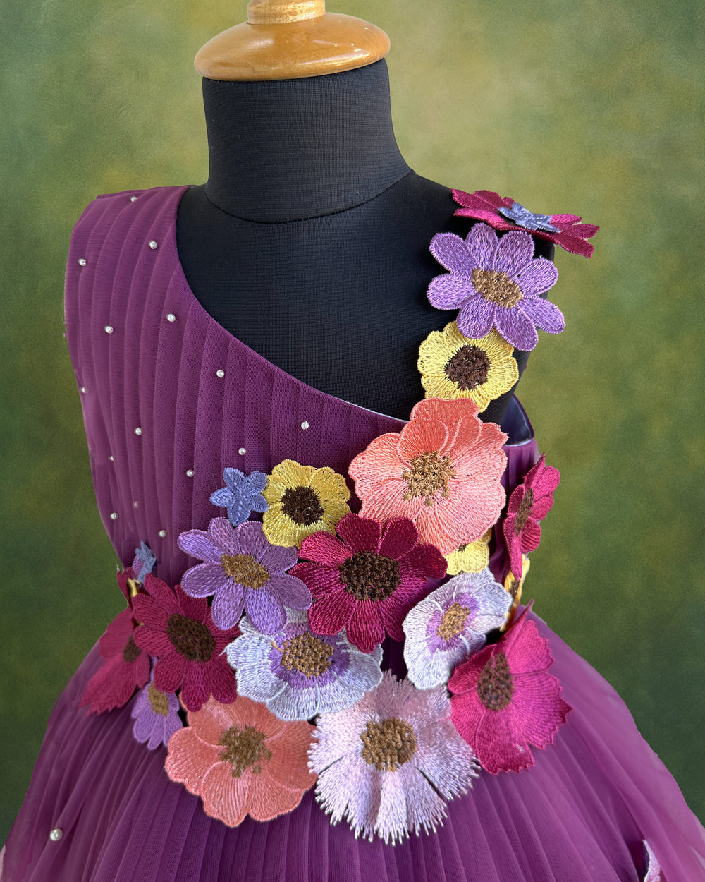 Pastel wine baby girls birthday dress with heavy flower appliqué – long gown

