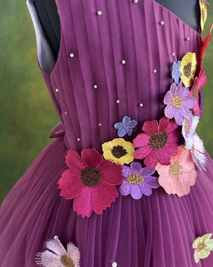 Pastel wine baby girls birthday dress with heavy flower appliqué – long gown

