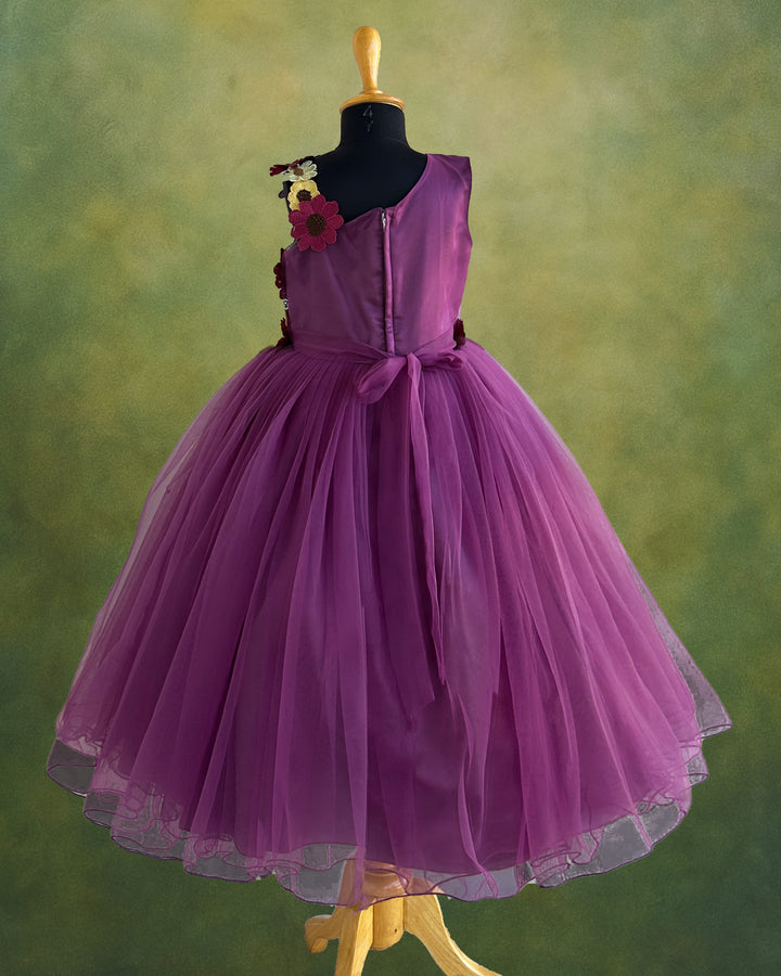 Pastel wine baby girls birthday dress with heavy flower appliqué – long gown

