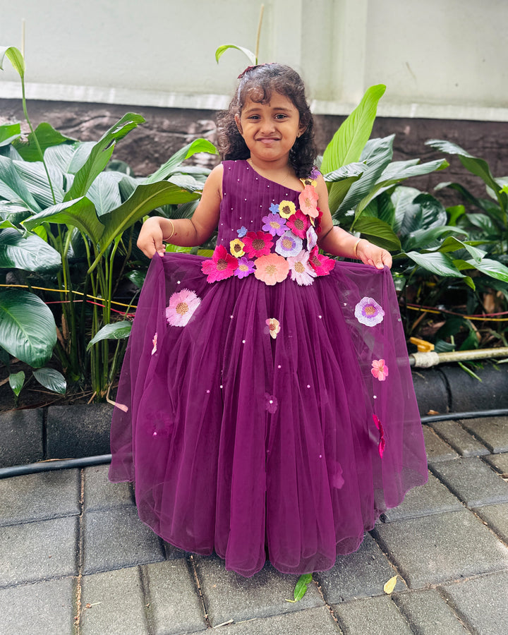 Pastel wine baby girls birthday dress with heavy flower appliqué – long gown

