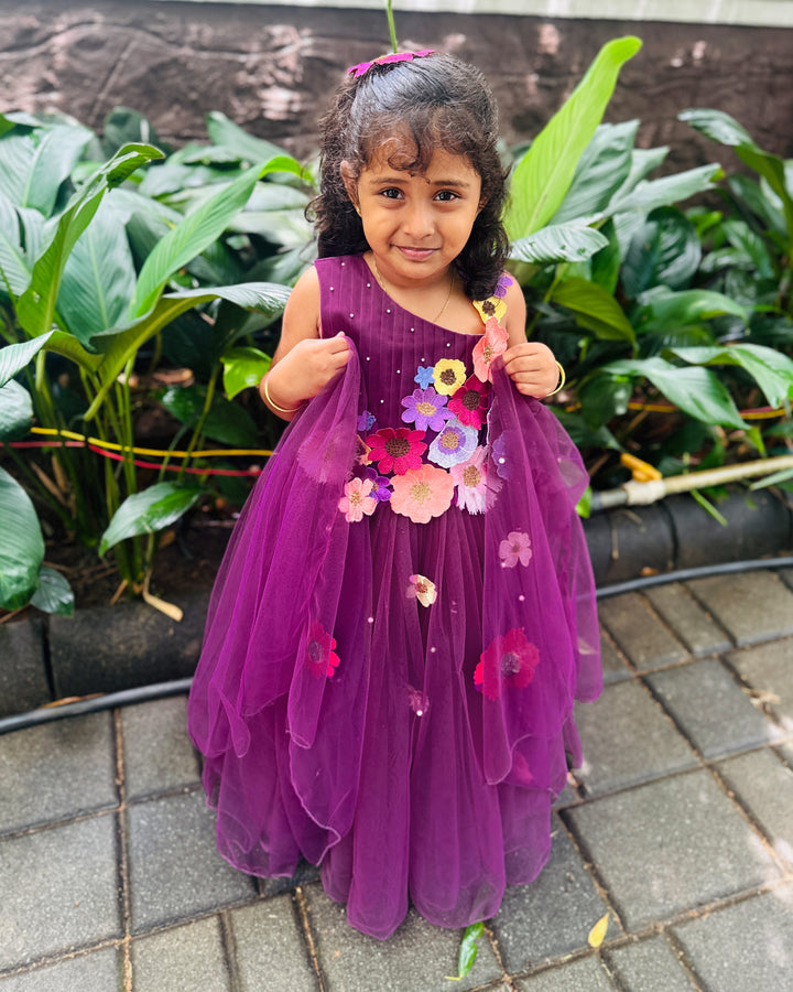 Pastel wine baby girls birthday dress with heavy flower appliqué – long gown


