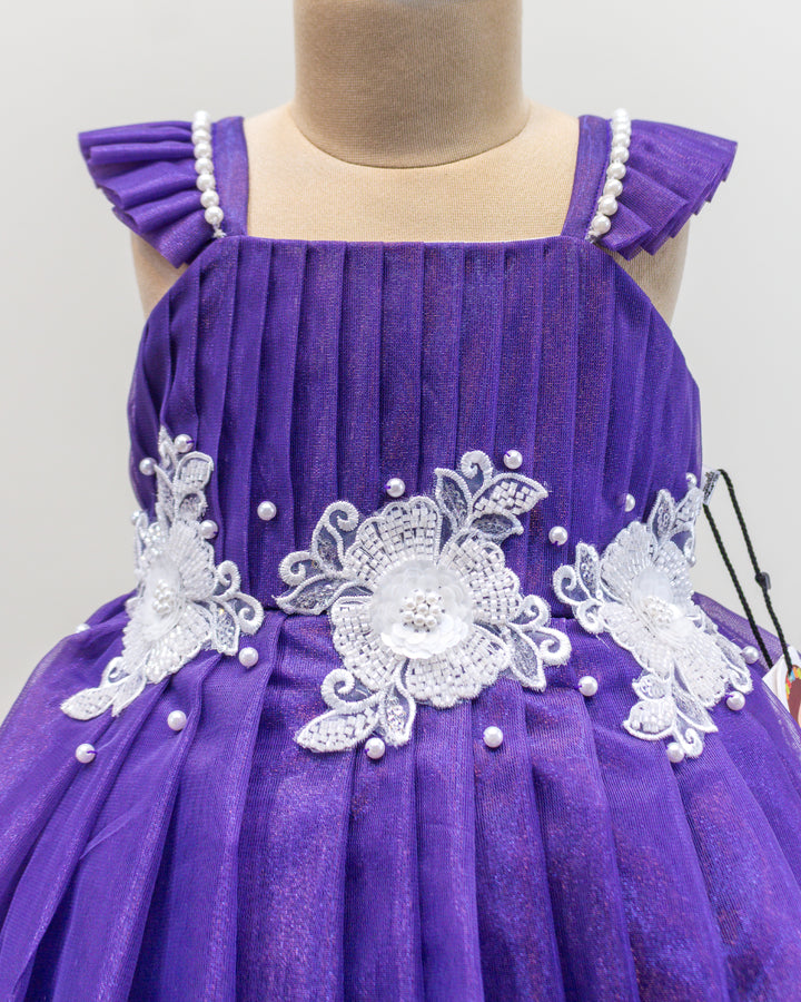 pastel violet birthday frock for baby girls, shimmer net flower applique dress, baby girl party wear, toddler birthday dress India, Stanwells Kids