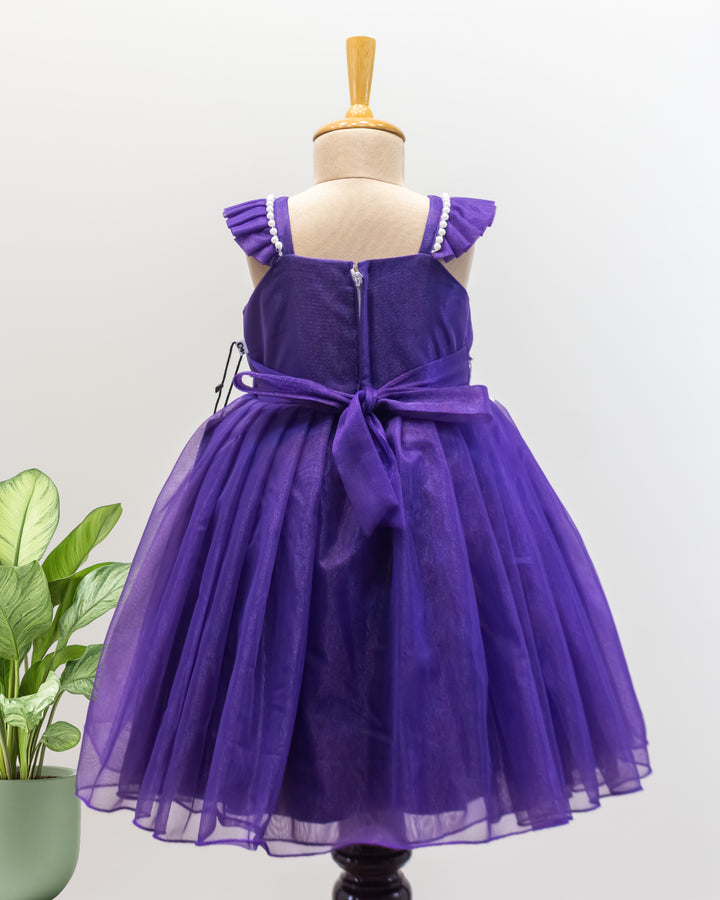 pastel violet birthday frock for baby girls, shimmer net flower applique dress, baby girl party wear, toddler birthday dress India, Stanwells Kids
